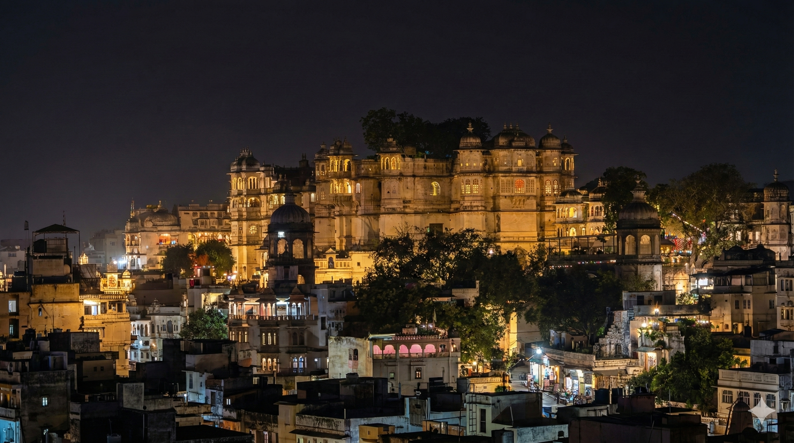 Lakeside cityscape with white heritage buildings, calm water reflections, distant hills, and a dramatic blue sky
